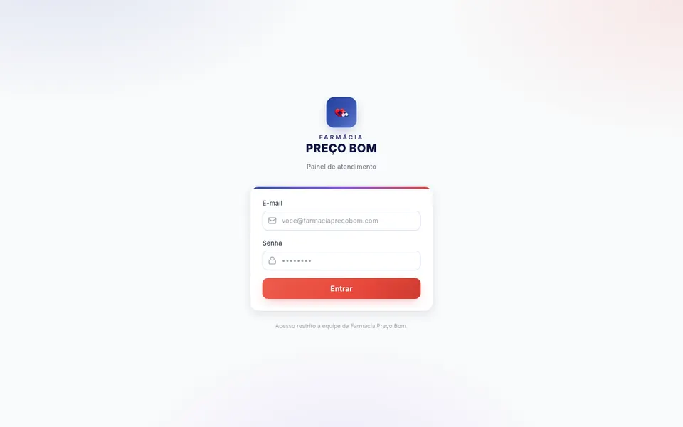 Captura da tela pública de login de CRM Farmácia Preço Bom no computador