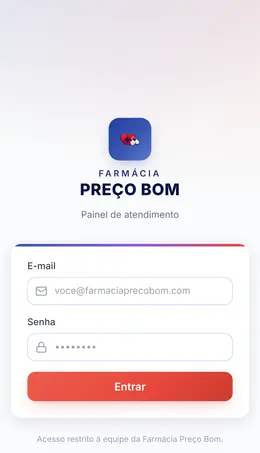 Captura da tela pública de login de CRM Farmácia Preço Bom no celular