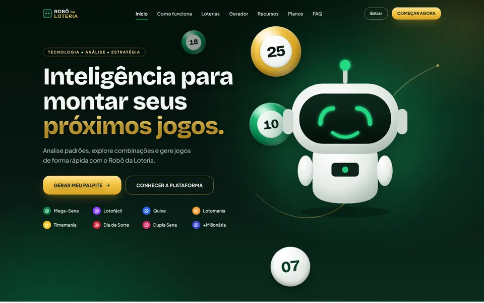 Captura da página inicial de Robô da Loteria no computador